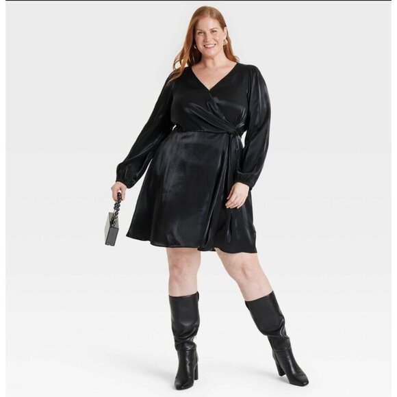 Ava & Viv Dresses & Skirts - Ava & Viv Balloon Long Sleeve Midi Wrap Dress with pockets Black size 2X NWT